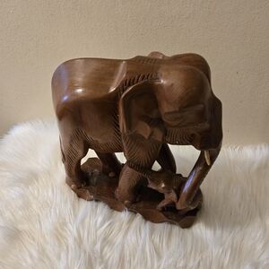 Rare Beautiful Heavy Hand Carved Wooden Mother & Baby Elephant Statue Solid Wood
